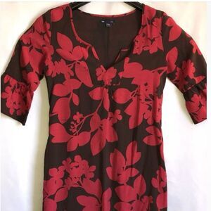 Gap Women’s SZ XS Floral Tropical Hawaiian Red Brown Dress 3/4 Sleeves Lined
